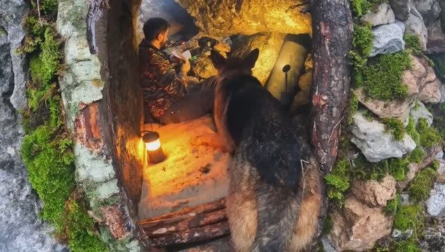 ХАКАН   I Built a CAVE with Fireplace, SURVIVAL SHELTER. Fish Cooking
