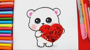 Как нарисовать ПЛЮШЕВОГО МЕДВЕЖОНКА с блестящим СЕРДЦЕМ