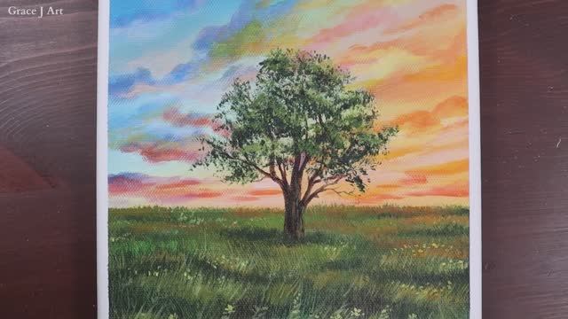 Пейзаж с одиноким деревом на фоне заката / Акриловая живопись для начинающих смотреть онлайн