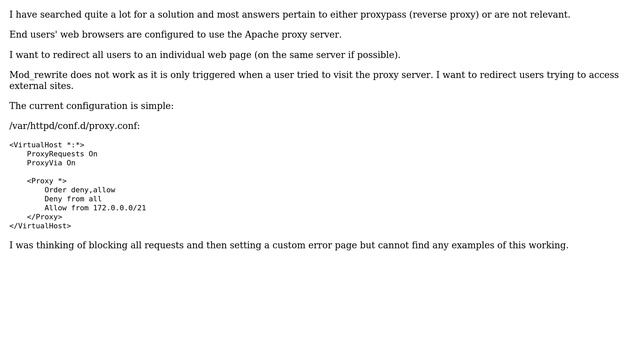 How to redirect FORWARD proxy users to webpage using mod_proxy - apache?