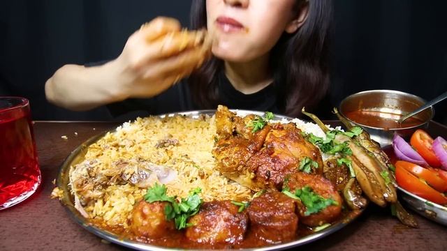 Spicy Chicken Masala Curry/Gravy, Brinjal Fry and Basmati Rice #ASMR/EATING SHOW BIG BITES MUKBANG