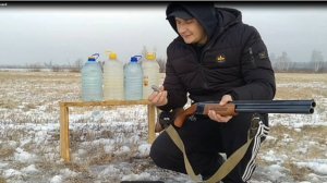 Дробью №3 с 12 калибра на 10 метров в 5 литровые бутылки с водой