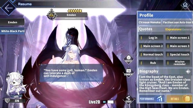 Azur Lane: New SMS Emden L2D Skin Talk  Move White-Black Partita 1440p