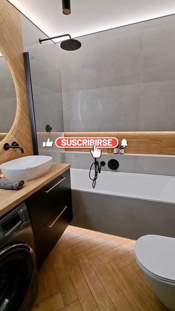 wooden tile design washroom with white marble look tile