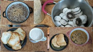 Мой пост, день 32~й. Гренки. Грибная подлива с соевым фаршем. Греча.