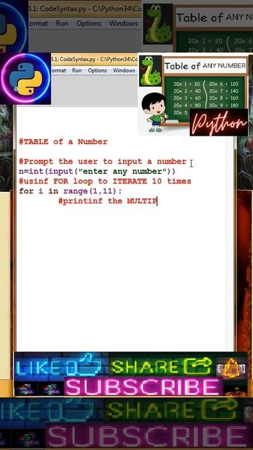 🐍 🍫𝖙𝖆𝖇𝖑𝖊 𝖔𝖋 𝖆 𝖓𝖚𝖒𝖇𝖊𝖗 🐍 🍫#Table in Python | Multiplication Table in Python #shorts #codeing #freefir