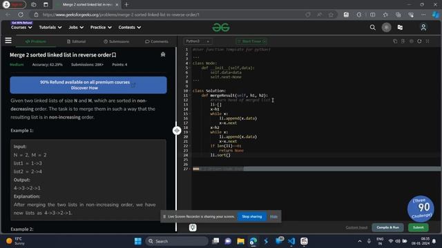 Merge 2 sorted linked list in reverse order geeks for geeks contest python solution