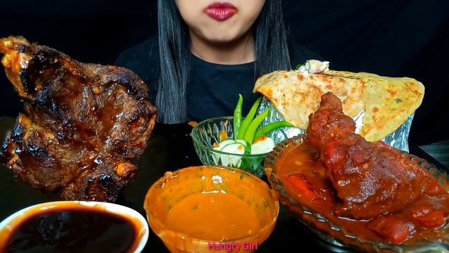 ASMR:EATING BIG SIZE BBQ STEAKPUNJABI BUTTER CHICKEN  ALOO PARATHASHIMLA MIRCH CHICKENhungrygir