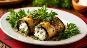Рулетики из баклажан с чесноком, зеленью, грецкими орехом и твороженным сыром.