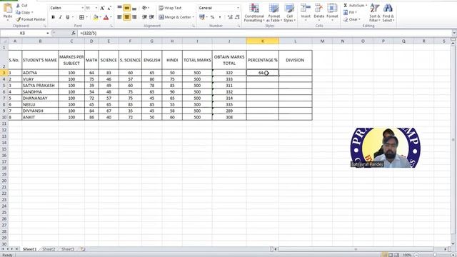 Create marksheet in excel using sum, percentage , if function ||