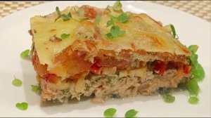 Запеканка с рыбой, болгарским перцем и томатами