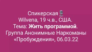 Спикерская Wilvena, 19 ч.в., США., Тема: Жить программой. Группа АН «Пробуждения», дата 06.03.22.