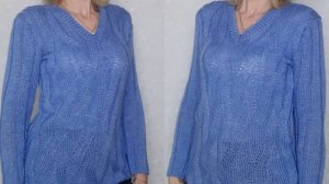 Голубой джемпер с  v-образной горловиной._Подробный МК.