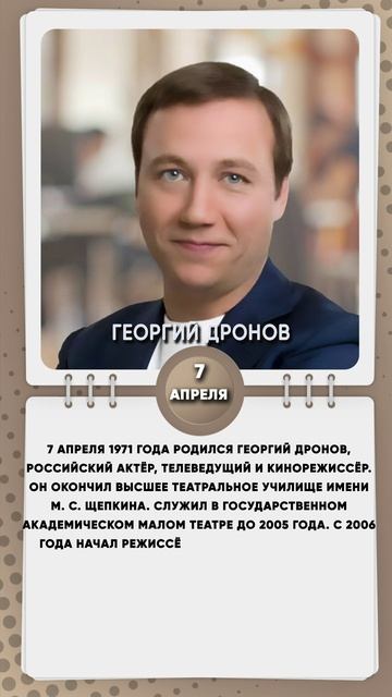 7 апреля 1971 года родился Георгий Дронов, российский актёр, телеведущий и кинорежиссёр.