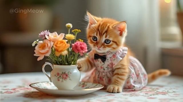 Tiny Baby Ginger Kitten’s Adorable Afternoon Tea Party – Cozy & Sweet Vibes! #c