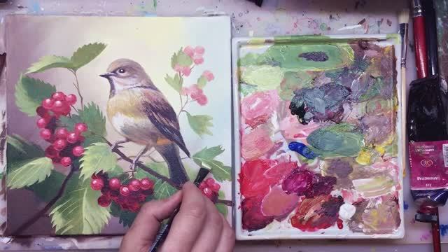 Воробей на веточке акрилом / Продвинутый урок акриловой живописи смотреть онлайн