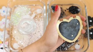 Смешиваем «чёрный и белый» СЛАЙМ! Тени и макияж,  блёстки смешиваем в слайм! Удовлетворяющее видео с