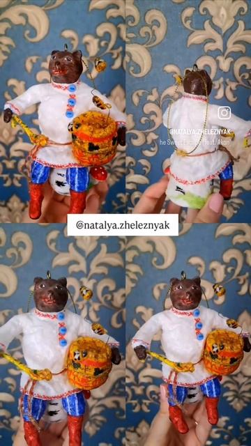 Медведь с бочкой мёда и пчелами. Ватная игрушка ручной работы