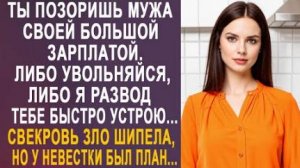 -Ты позоришь мужа своей большой зарплатой. Либо увольняйся, либо я развод тебе быстро устрою...