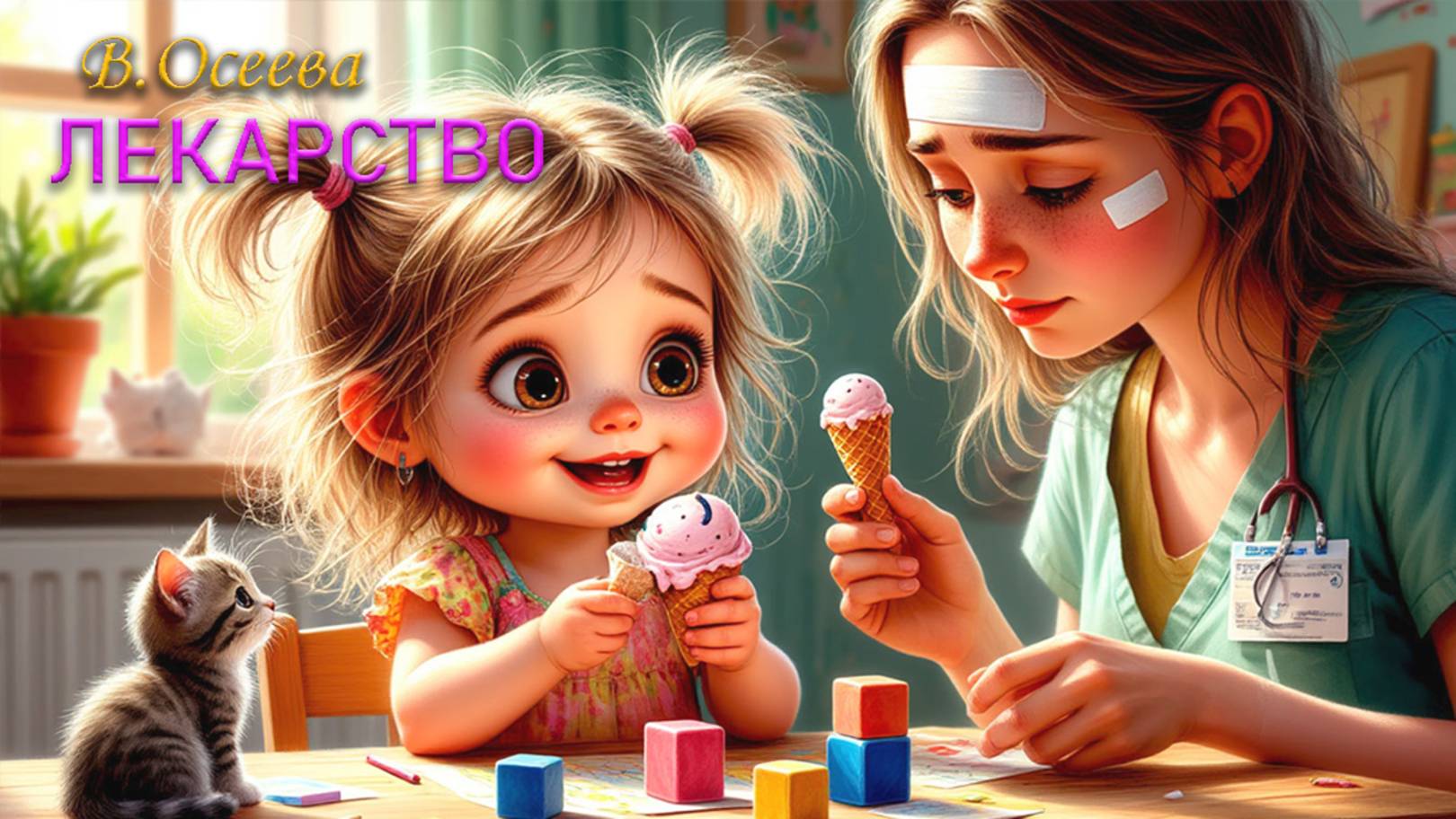 ДОКТОР:  "- Пока дочка не научится сама прибирать свои игрушки, мама не выздоровеет!"