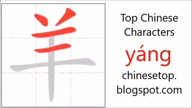 Chinese character 羊 (yáng, sheep) with stroke order and pronunciation