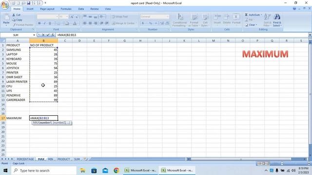 Formula of MS excel. Percentage Maximum Minimum Product Sum
