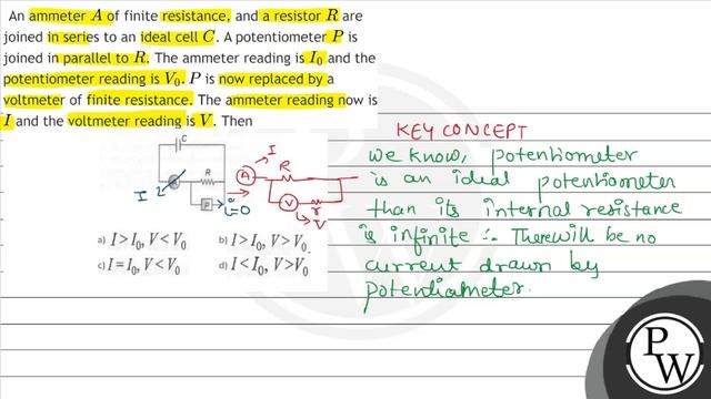 An ammeter \( A \) of finite resistance, and a resistor \( R \) are joined in series to an ideal...