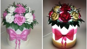 Светильник из изолона. Розы из изолона. Шляпная коробка. Бант из изолона.