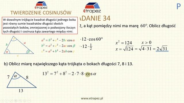 Twierdzenie cosinusów - zastosowanie w zadaniach Fragment Kursu PLANIMETRIA