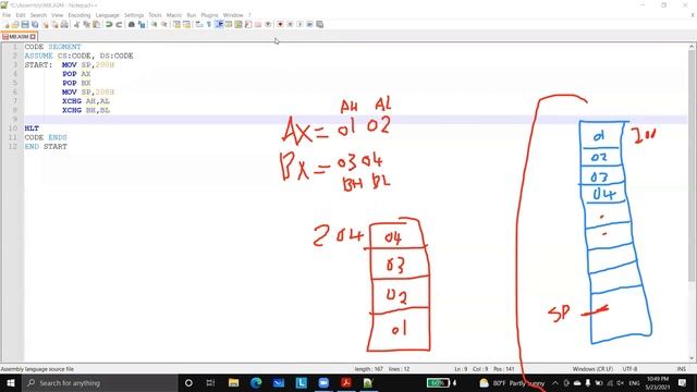 #3 microprocessor lab | assembly language | stack | push , pop instructions