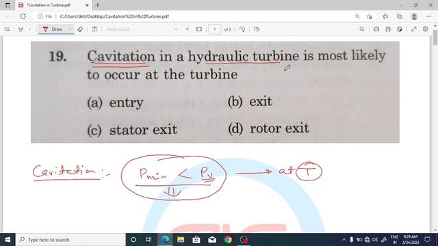 Cavitation in hydraulic turbine is most likely to occur at the turbine...