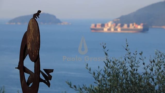 MVI 9955 MSC cargo ship container ship. Olive leaves and sculpture in the foreground.