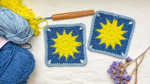Мотив "Солнце" крючком  | Простой квадрат для сумки, шоппера, кофты