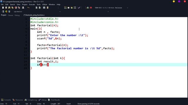 How to find the factorial number using function in c tutorial #cprogramming #tutorial