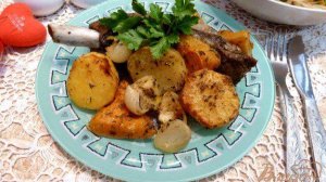 Свиные ребрышки,запеченные с картофелем и тыквой в рукаве