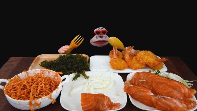 Eating show with Salmon Sushi, Sea Grapes, and Spicy Chicken Noodles ASMR (SUB)
