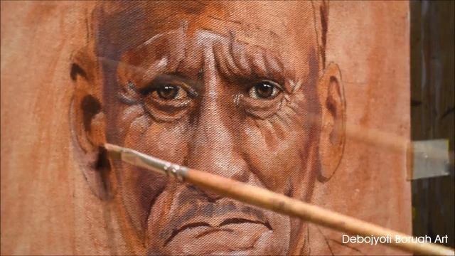 ACRYLIC PORTRAIT PAINTING OF AN OLD MAN  PAINTING WRINKLES IN ACRYLIC ON CANVAS BY DEBOJYOTI BORUA