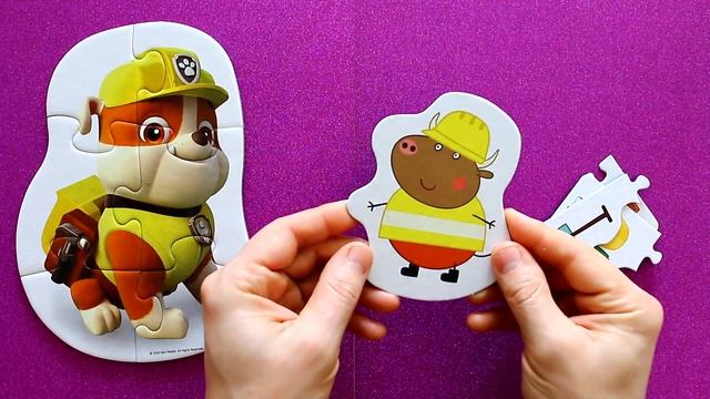 Rubble and Mr Bull - solving different puzzles for kids with Paw Patrol and Peppa Pig characters