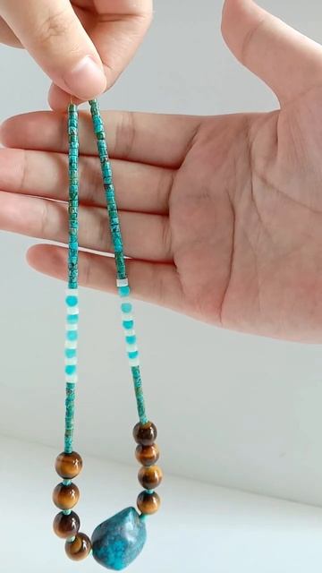 Natural turquoise and TigerEye smooth stone with Free-shape pendant Gemstone Necklace