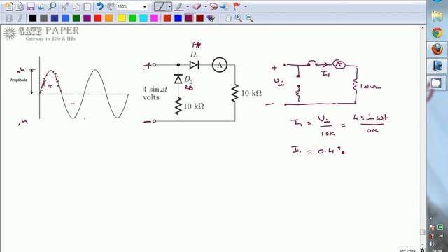 GATE 1996 ECE Reading of DC ammeter of diode circuit