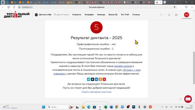 Результат моего тотального диктанта в 2025 году