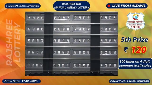 Rajshree Day Mangal Weekly lottery live Result dated 17 Jan 2023, 4:40 PM смотреть онлайн