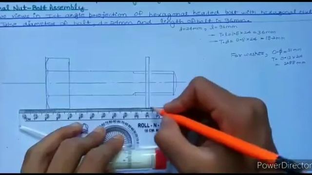 Hexagonal Nut And Bolt Assembly |  Engineering Drawing
