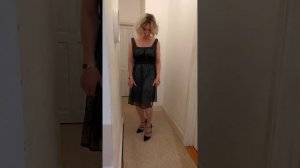 crossdresser Leah models a mesh over satin evening dress