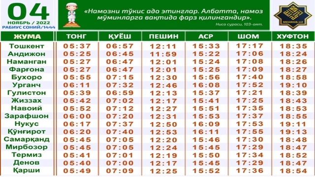 4-НОЯБР НАМОЗ ВАҚТЛАРИ 2022  4-NOYABR NAMOZ VAQTLARI 2022