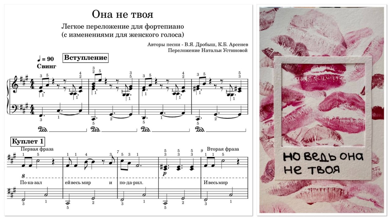 Авторские ноты легкого переложения для фортепиано песни "Она не твоя" Г. Лепса и С. Пьехи.