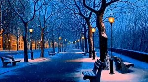 Красивый Футаж   Вечер, парк, фонари, идет снег