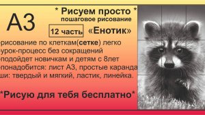Енот часть 12 Рисунок карандашом БЕСПЛАТНО процесс БЕЗ СОКРАЩЕНИЙ с помощью сетки ПОШАГОВО