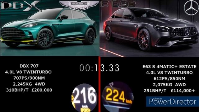 ASTON MARTIN DBX707 707PS VS MERCEDES AMG E63 S 4MATIC ESTATE 612PS ACCELERATION 0-200KM/H смотреть онлайн
