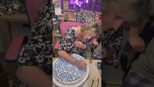 blue and white vanity